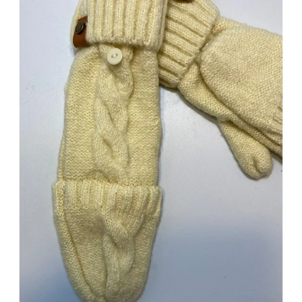 Frye & Co NWT Womens Butter Creamy Tan Cable Knit Pop Top Mitten Gloves-OSFM